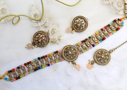 Indian Jewellery Choker Set/Antique Gold silver choker Studs Earrings Set/Gold Indian Bollywood Necklace rita Set