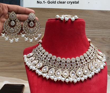 Indian jewellery/ Bridal  Necklace Set/ Bollywood Jewellery/ gold Indian clear crystals necklace set/ Bridesmaid Jewellery/Women Necklace set