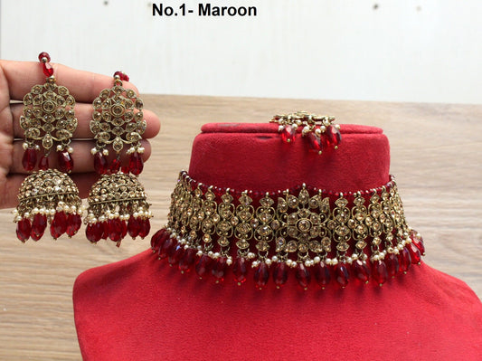 Choker Set maroon Necklace Set/Bollywood Jewellery/maroon Indian choker necklace set/Bridesmaid Jewellery/Women Necklace set