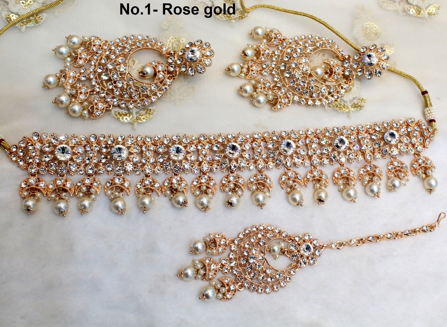 Indian  Jewellery , Rose Gold Choker Necklace Tikka Set/Bollywood Necklace Set/Indian choker rose gold Polish necklace set