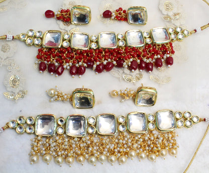 kundan Choker Set Earrings Set/Gold green, maroon choker set Indian Jewellery Necklace Set/Indian bridal kundan Choker Set