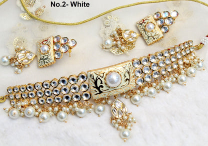 kundan Choker Set Earrings Set/Gold white,  pink, grey choker set Indian Jewellery Necklace Set/Indian bridal kundan Choker Set