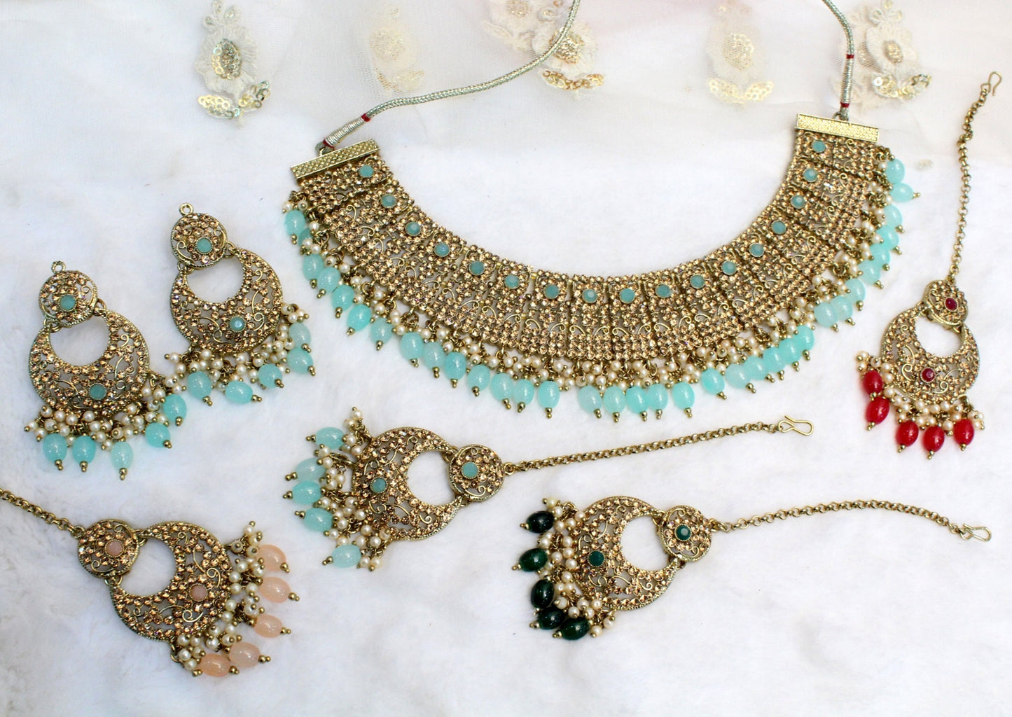 Indian Jewellery Gold Bollywood Necklace Set/ Dark gold, Green, Maroon Jewelry/Wedding Crystal Semi Bridal Ethnic Set/Indian Necklace Set
