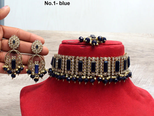 Buy Choker Set / Blue Jewellery set /Indian blue choker necklace set/Bridesmaid Jewellery/gift for her/ Wedding jewellery set