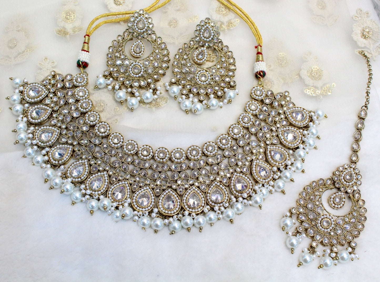 Indian jewellery/ Bridal  Necklace Set/ Bollywood Jewellery/ gold Indian clear crystals necklace set/ Bridesmaid Jewellery/Women Necklace set