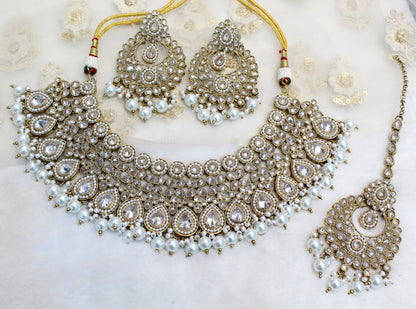 Indian jewellery/ Bridal  Necklace Set/ Bollywood Jewellery/ gold Indian clear crystals necklace set/ Bridesmaid Jewellery/Women Necklace set