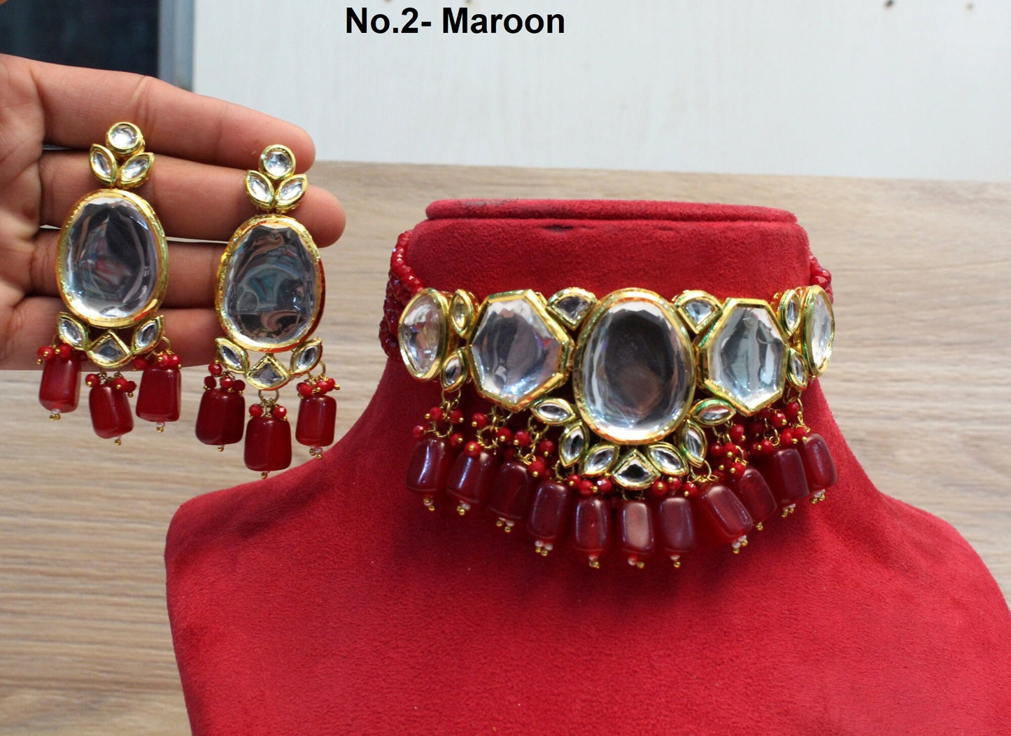 kundan Choker Set Earrings Set/Gold green, maroon choker set Indian Jewellery Necklace Set/Indian bridal Choker Set
