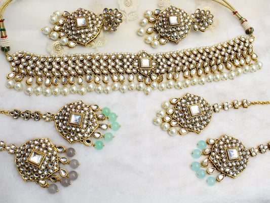 kundan Choker Set Necklace Earrings Set/Grey, sky blue, peach, maroon party choker set Indian Jewellery