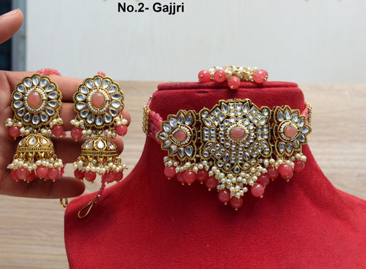 kundan Choker Set Necklace Earrings Set/Grey, blue, ruby  choker set Indian Jewellery Necklace Set/Indian Choker Set