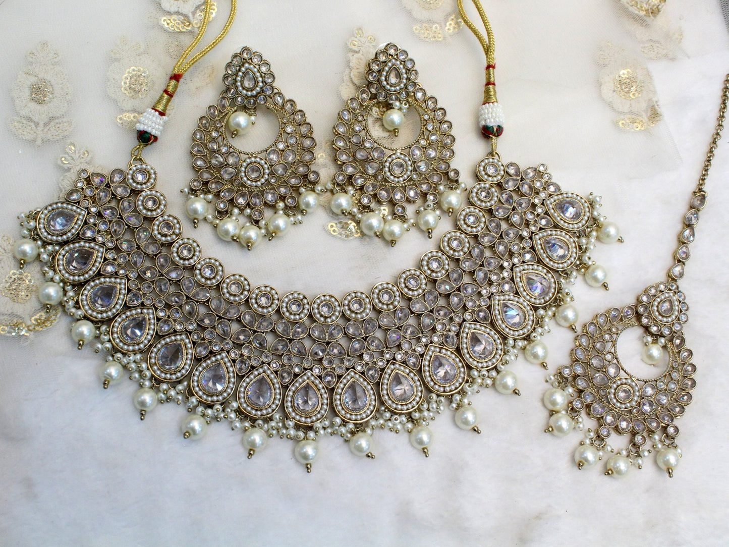 Indian jewellery/ Bridal  Necklace Set/ Bollywood Jewellery/ gold Indian clear crystals necklace set/ Bridesmaid Jewellery/Women Necklace set