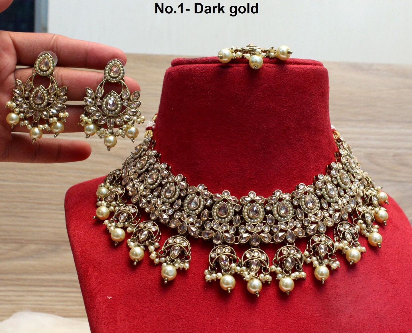 Indian Jewellery Gold Bollywood Necklace Set/ Dark gold, Maroon Jewelry/Wedding Crystal Semi Bridal jani Ethnic Set