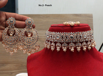 Indian  Jewellery , Rose Gold Choker Necklace Tikka Set/Bollywood Necklace Set/Indian choker rose gold Polish necklace set