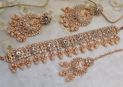 Indian  Jewellery , Rose Gold Choker Necklace Tikka Set/Bollywood Necklace Set/Indian choker rose gold Polish necklace set