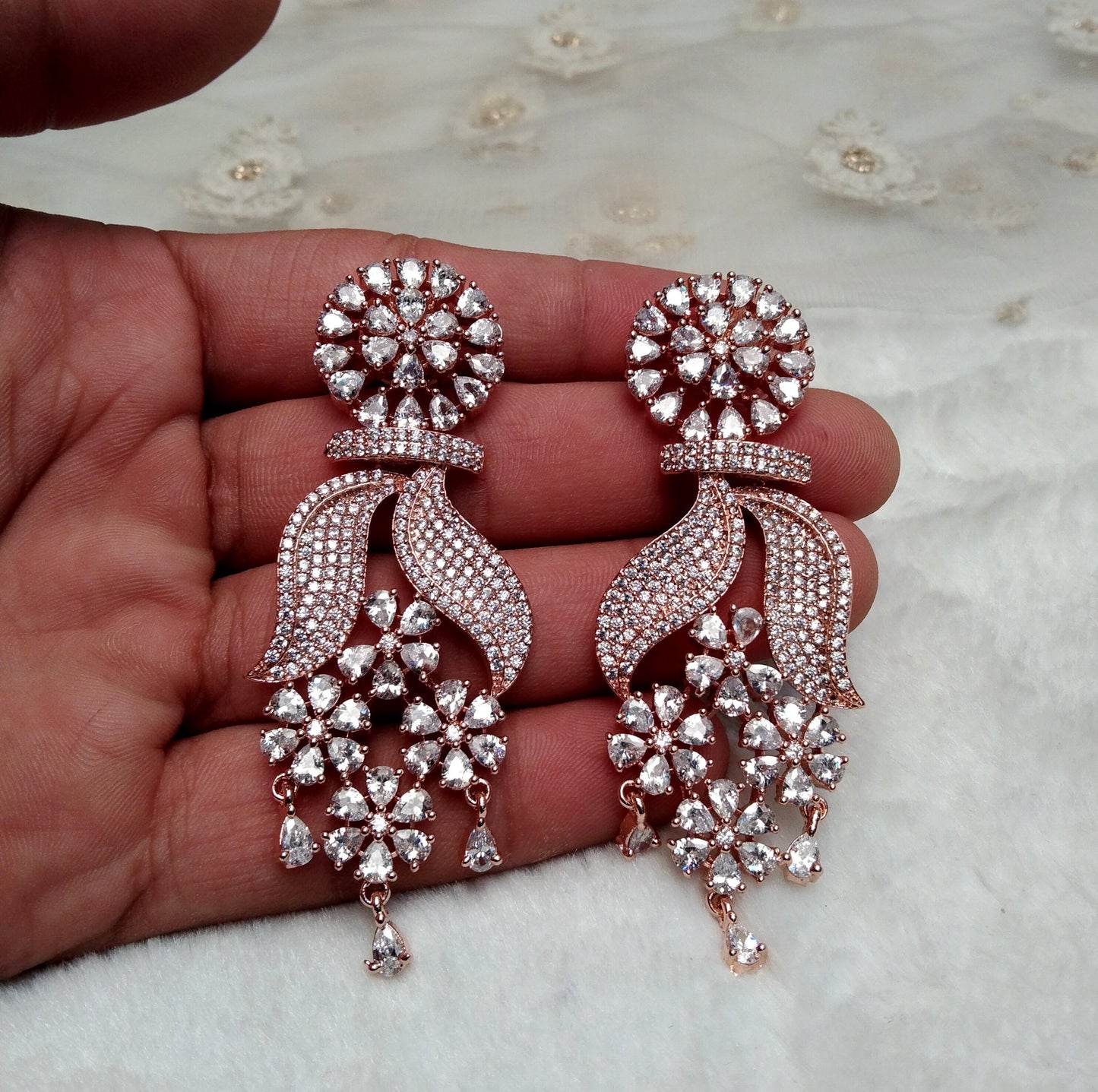Indian Jewellery/Indian Ad diamond Rose gold chandelier Long Earrings/Indian Crystal Bridal Earrings Set Jewellery/ Bollywood Jewellery