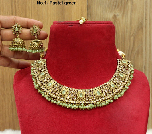 Indian  Jewellery/Dark gold  peach, pastel green, green necklace Set/Bollywood Gold Indian Jewellery Set /Bridesmaid sets