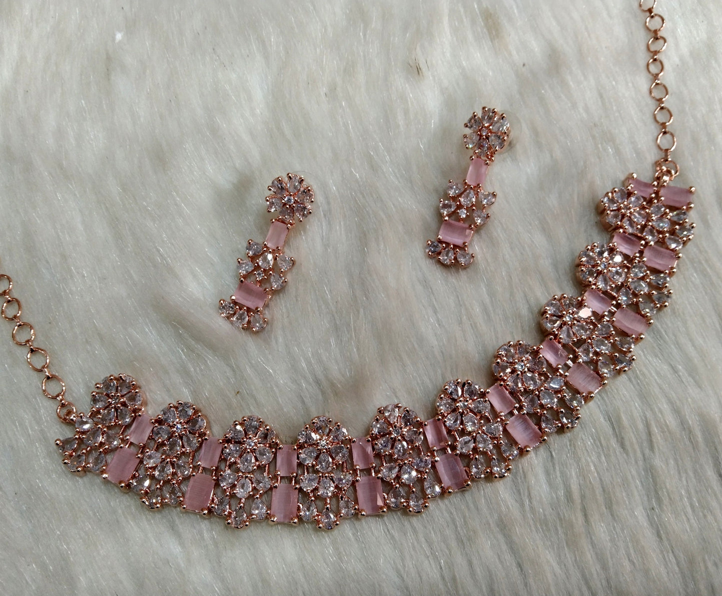 Cubic Zirconia Diamond necklace Earrings set, rose gold, silver Bridal necklace earrings Gaddi jewellery statement necklace set CZ necklace