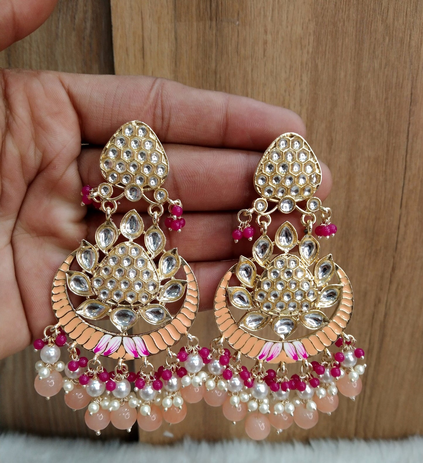 Indian Jewellery/Gold Indian Earrings Tikka Set/Indian peach, pink, black chand balli  Earrings asia Jewellery