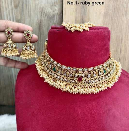 Indian Gold  Jewellery Necklace Set choker set/ Bollywood Style Gold Finish South Indian bridal Jewellery