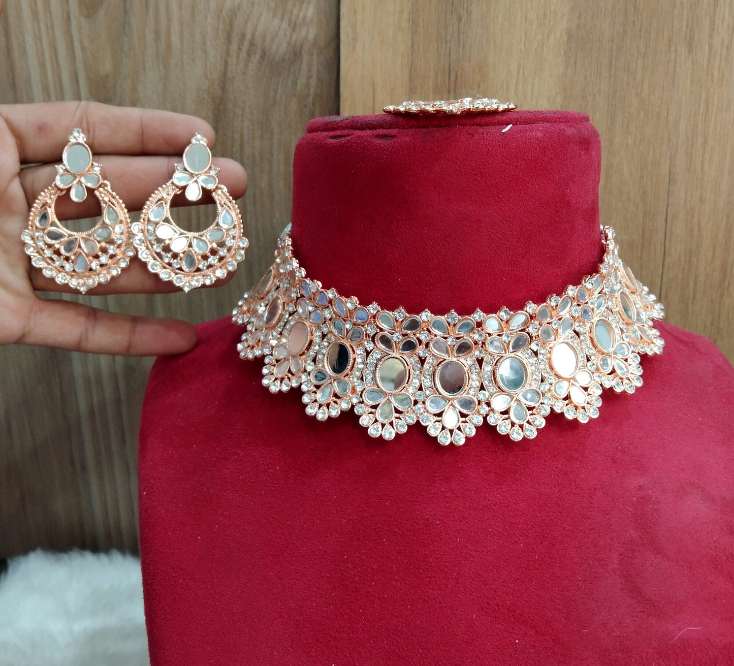 Buy Choker Set /Gold choker Mirror Necklace Set/ Bollywood Necklace Set/Indian Rose gold choker set/Gold Bridesmaid Jewellery/Women Necklace