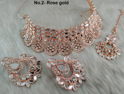 Buy Choker Set /Gold choker Mirror Necklace Set/ Bollywood Necklace Set/Indian Rose gold choker set/Gold Bridesmaid Jewellery/Women Necklace