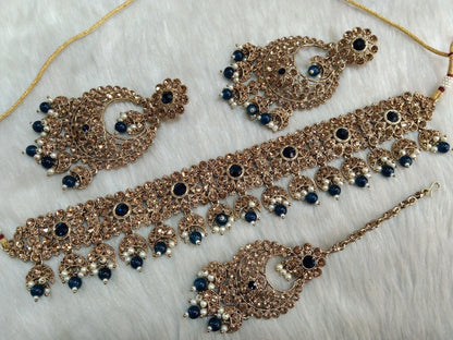 Indian  Jewellery , Rose Gold Choker Necklace Tikka Set/Bollywood Necklace Set/Indian choker rose gold Polish necklace set