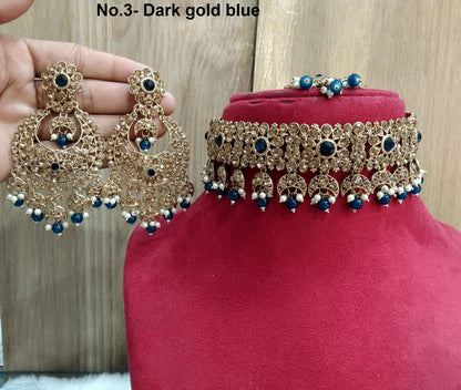 Indian  Jewellery , Rose Gold Choker Necklace Tikka Set/Bollywood Necklace Set/Indian choker rose gold Polish necklace set
