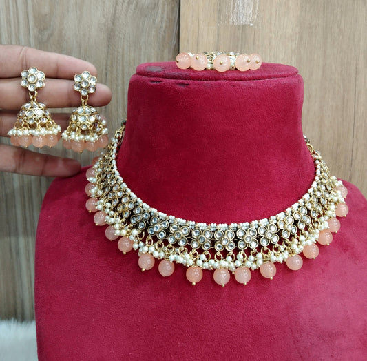 Indian  Jewellery , Kundan necklace Set Indian Wedding Semi Bridal Ethnic Bridal Necklace, bridesmaids set, downtown soundPunjabi set