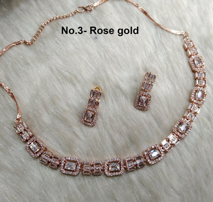 American Diamond necklace Earrings set, rose gold, Bollywood silver Bridal necklace classic earrings jewellery statement necklace set CZ necklace