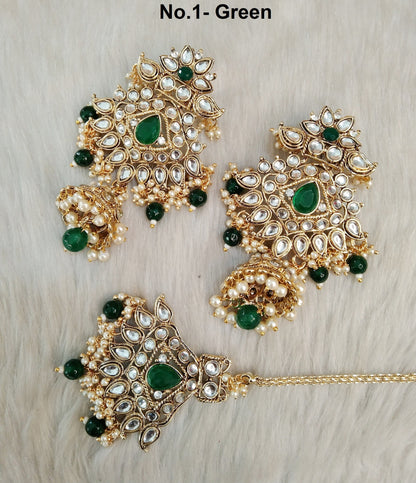Indian Jewellery/ Green, Maroon Kundan Jewelry Earrings Tikka Set/Indian Earrings Punjabi Bollywood Set Jewellery/Pakistani Bollywood Set