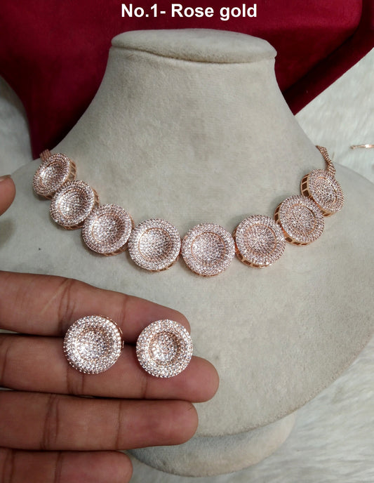 American Diamond Necklace Jewellery Earrings set, Rose gold paro Bollywood silver Bridal necklace earrings jewellery statement necklace set