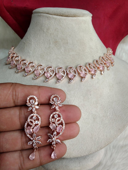 Cubic Zirconia Diamond necklace Earrings set, rose gold, calm silver Bridal necklace earrings jewellery statement necklace set necklace