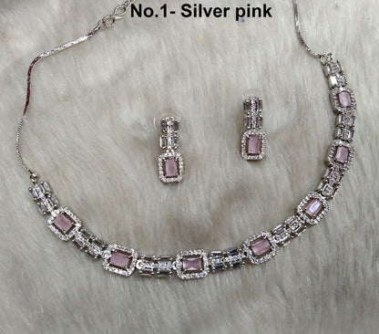 American Diamond necklace Earrings set, rose gold, Bollywood silver Bridal necklace classic earrings jewellery statement necklace set CZ necklace