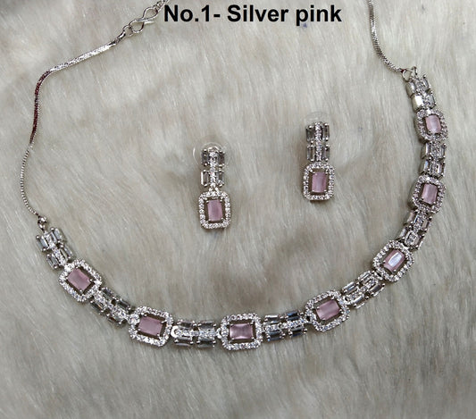American Diamond necklace Earrings set, rose gold, Bollywood silver Bridal necklace classic earrings jewellery statement necklace set CZ necklace