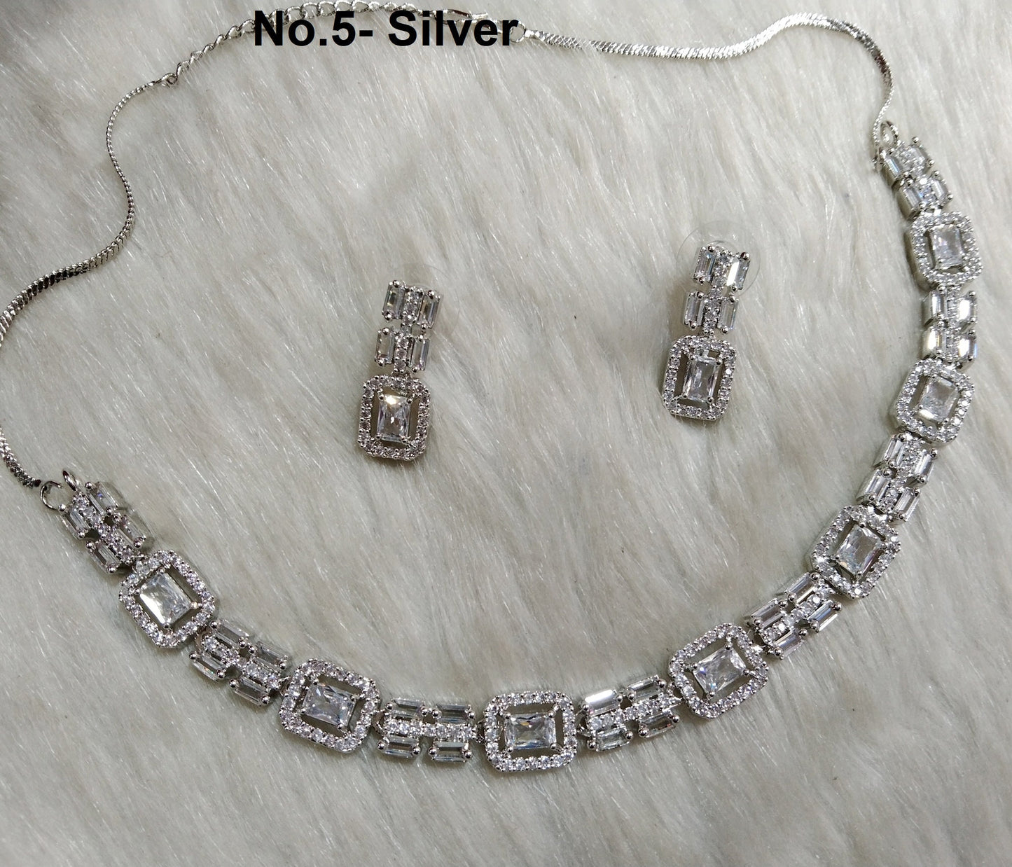 American Diamond necklace Earrings set, rose gold, Bollywood silver Bridal necklace classic earrings jewellery statement necklace set CZ necklace