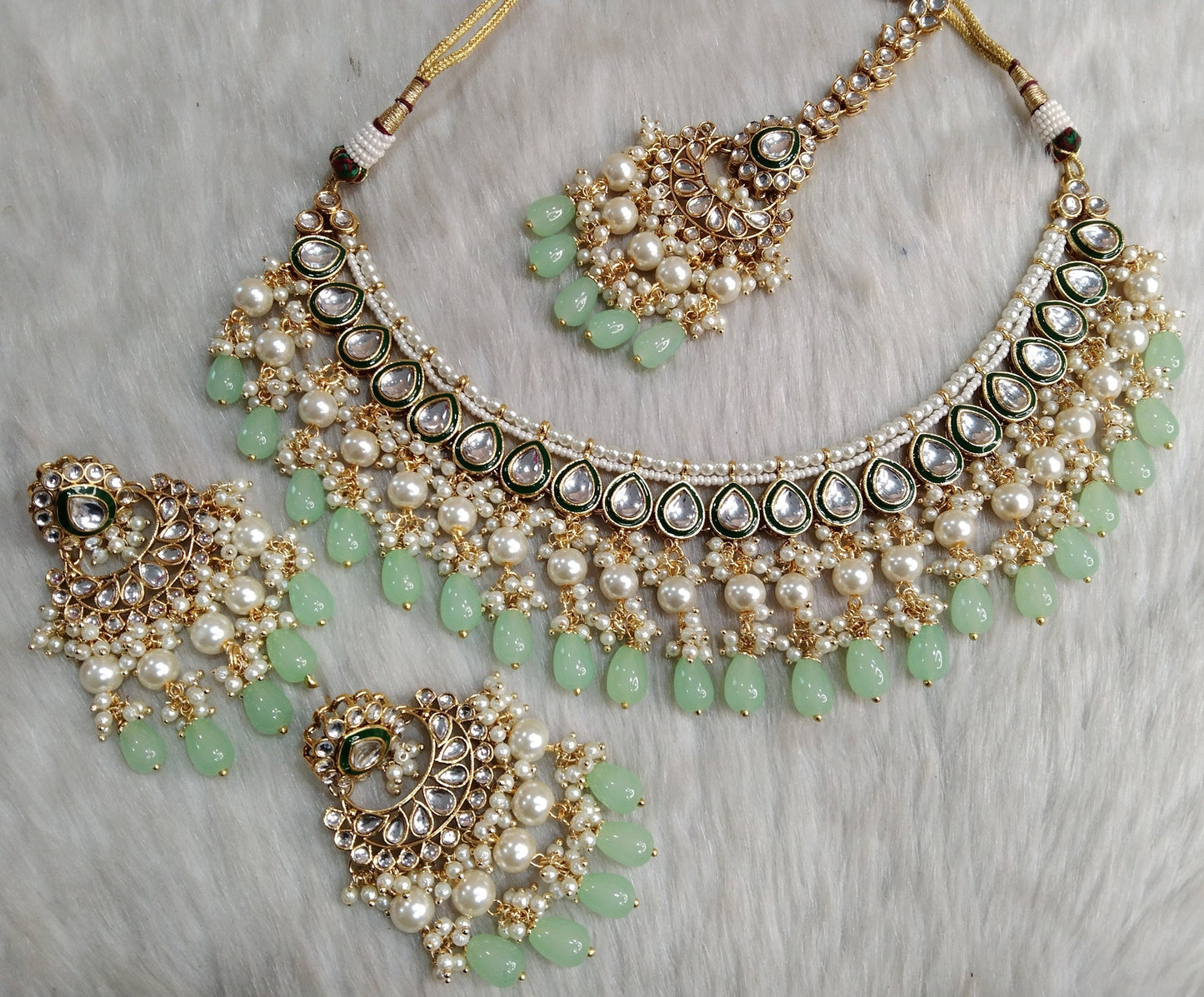 Indian Jewellery/ Gold Semi Bridal green, ruby, gold white Kundan necklace Set Indian Wedding Semi Bridal Ethnic Jewellery Riverside Necklace