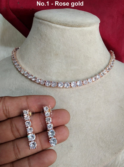 Cubic Zirconia Diamond necklace Earrings set, rose gold, dua silver Bridal necklace earrings jewellery statement necklace set necklace
