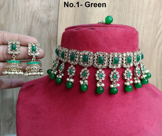 Indian jewellery Choker Set Necklace/ Dark gold green,peach, sea green , pink, firoji, mehndi choker Jewellery set visalia Indian choker set