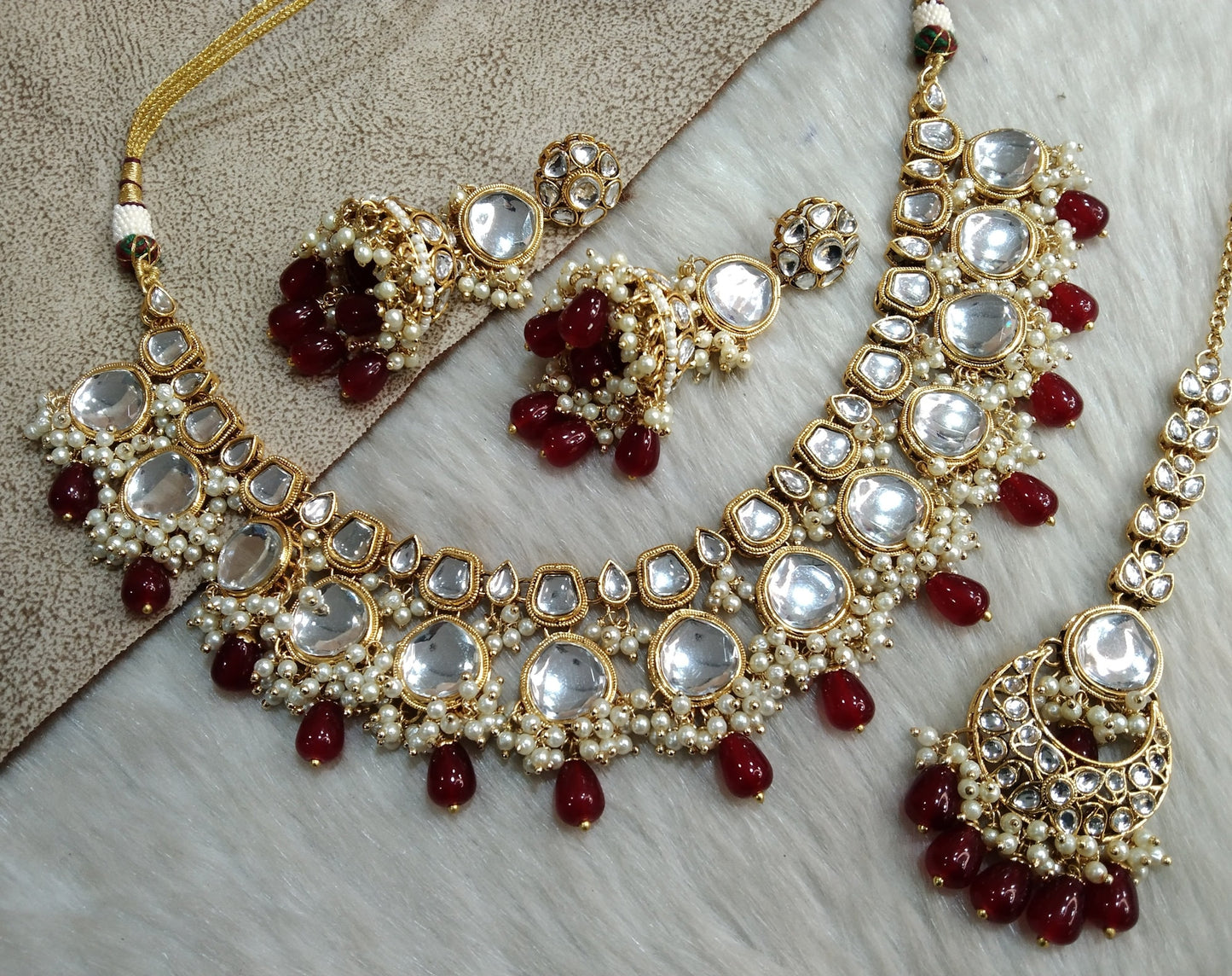 Indian Jewellery/ Gold Semi Bridal Kundan necklace Set Indian ruby, pink, sea green livingston Wedding Bridal Jewellery Necklace