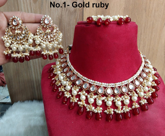 Indian Jewellery/ Gold Semi Bridal green, ruby, gold white Kundan necklace Set Indian Wedding Semi Bridal Ethnic Jewellery Riverside Necklace