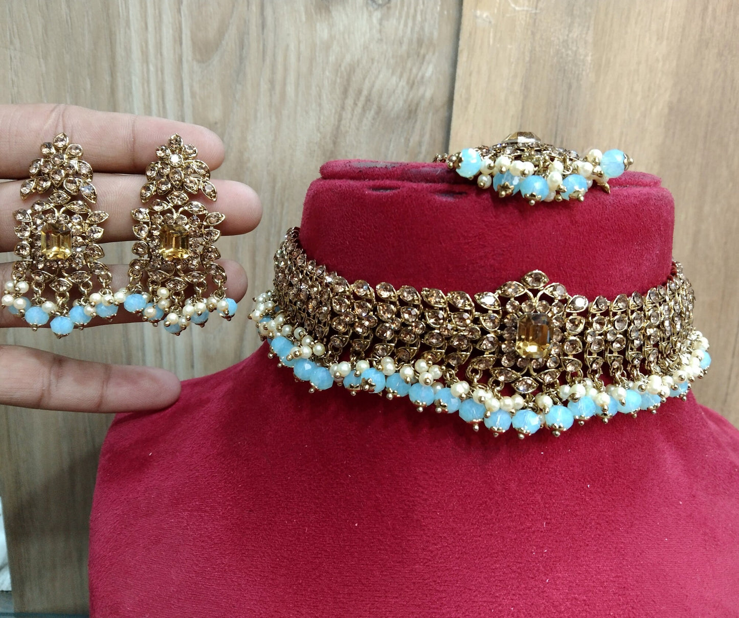 Green Indian Jewelry Jewellery/Dark gold choker Set/Bollywood dark gold, Gold peach, sky blue, Indian Jewellery Set /Bridesmaid adelaide sets