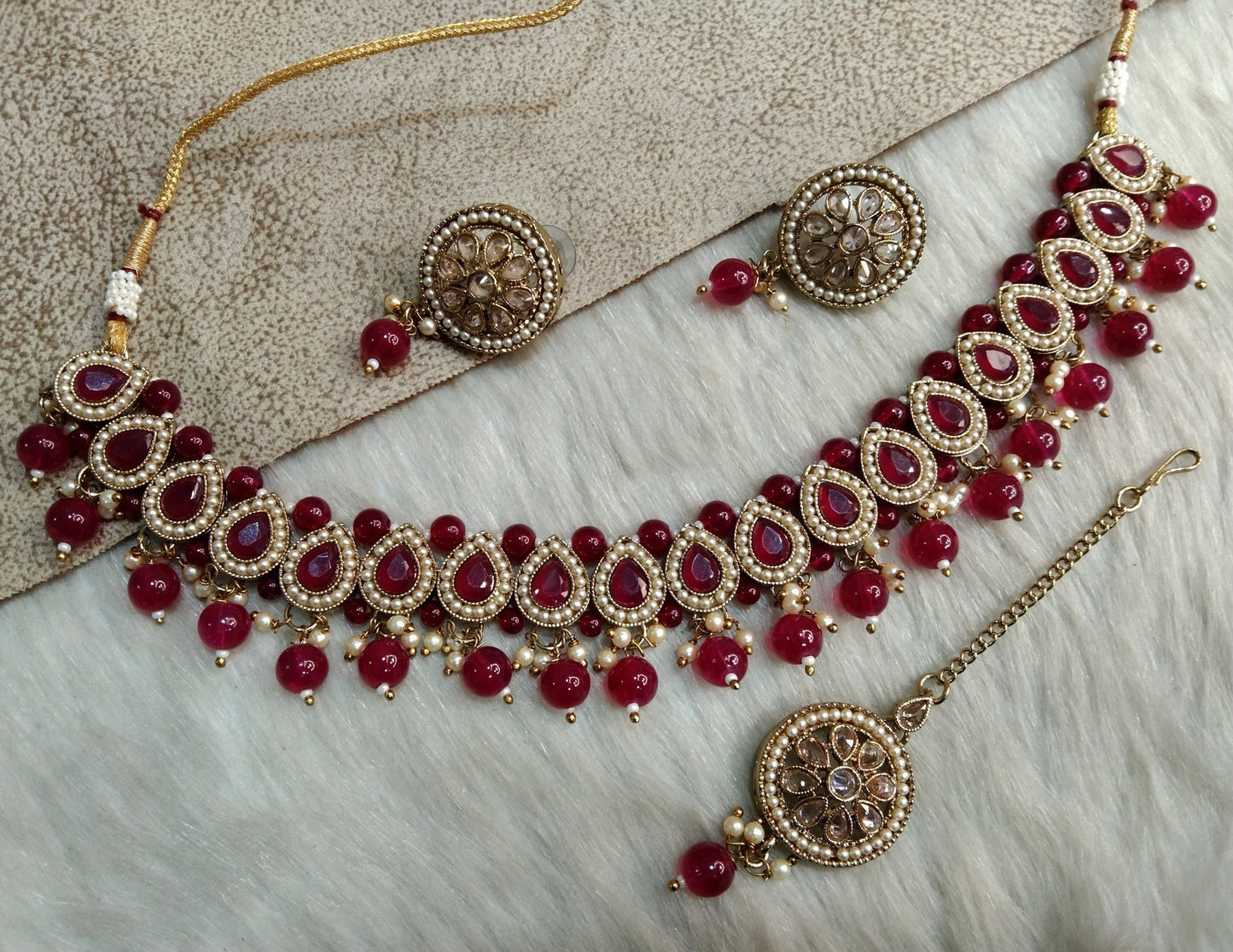 Indian  Jewellery/dark gold Maroon, green/Bridal Kundan necklace Set/Bollywood trenton Gold Indian Jewellery Necklace Set
