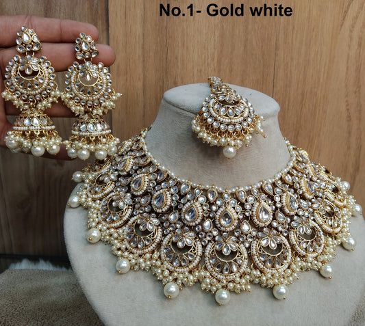 Elfenbein Indischer Schmuck/ Gold Braut Kundan Halskette Set Indisches Gold Weiß, Blau, Grün Braut Harris Justin Halskette