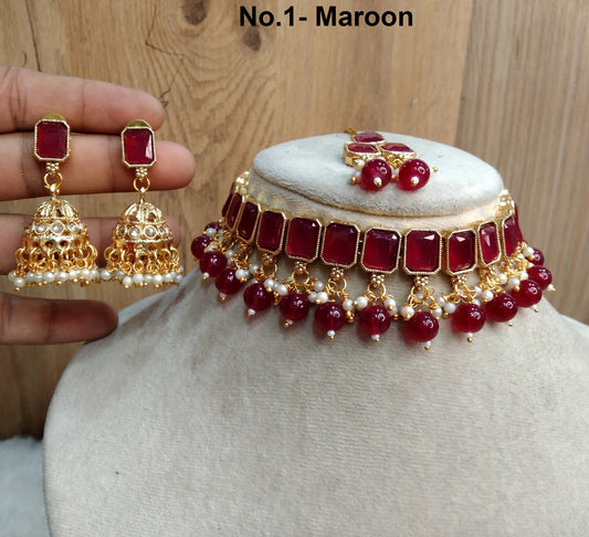 Indian choker  Jewellery Set/ Gold maroon, green, pink, blue Bridal Wedding Bollywood Necklace Set/Brides maid set/Surrey sets