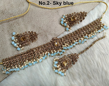 Green Indian Jewelry Jewellery/Dark gold choker Set/Bollywood dark gold, Gold peach, sky blue, Indian Jewellery Set /Bridesmaid adelaide sets