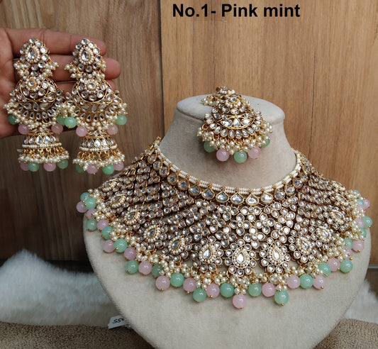 Indian Jewellery/Bridal Gold white, pink mint Kundan necklace Set/Indian Wedding Kundan Paul Jewellery bollywood Necklace set