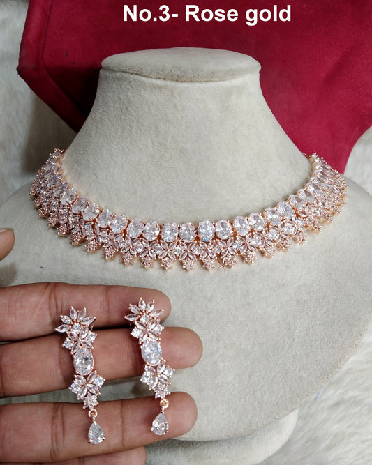 Cubic Zirconia Diamond necklace Earrings set, rose gold, silver Bridal necklace earrings jewelry vallejo statement necklace set CZ necklace