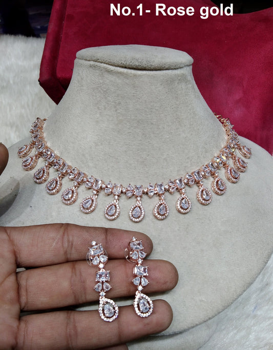 Cubic Zirconia Diamond necklace Earrings set, rose gold, silver Bridal necklace earrings Chammak jewellery  necklace set CZ necklace set
