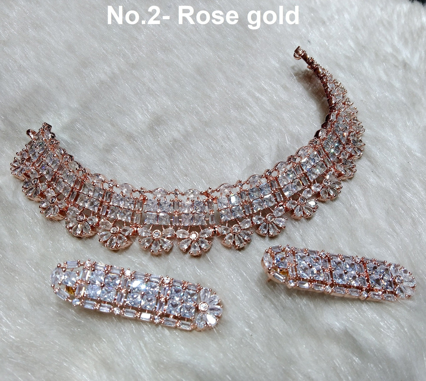 Cubic Zirconia Diamond necklace Earrings set, rose gold, silver Bridal necklace earrings Gaddi jewellery statement necklace set CZ necklace