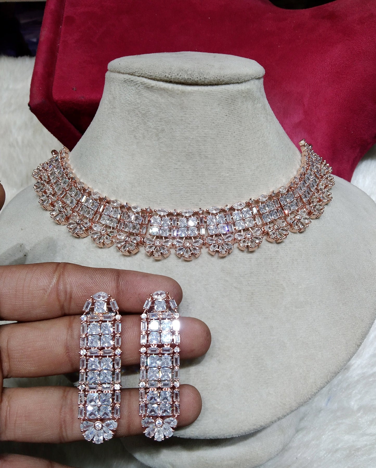 Cubic Zirconia Diamond necklace Earrings set, rose gold, silver Bridal necklace earrings Gaddi jewellery statement necklace set CZ necklace