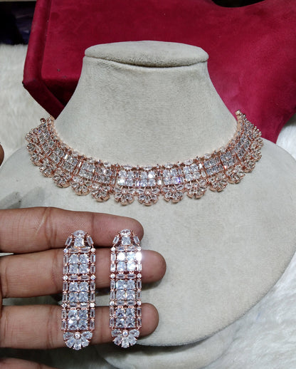 Cubic Zirconia Diamond necklace Earrings set, rose gold, silver Bridal necklace earrings Gaddi jewellery statement necklace set CZ necklace